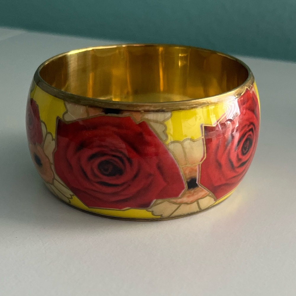 Vintage Yellow Enamel Rose and GoldTone Bracelet